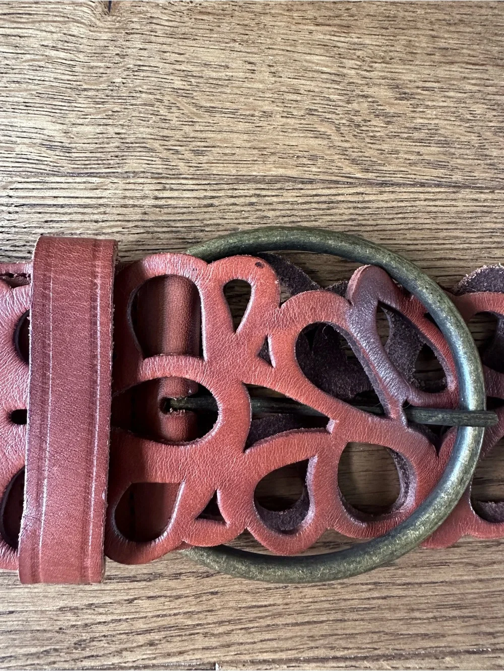 New Garnet Hill Laser Cut Leather Wide Belt Brass Finish Buckle Sz 34